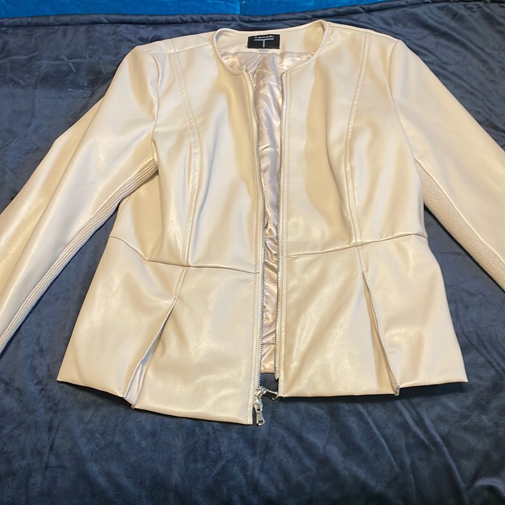 Tahari cream faux leather jacket